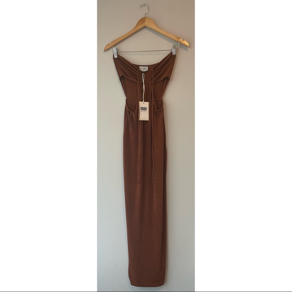 Runaway the Label Jodi Midi Slit Wrap Halter Tie Up Bodycon Dress Copper Brown - Picture 5 of 7
